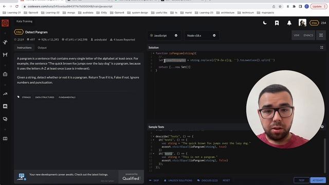Codewars Javascript, решение задачи Detect Pangram смотреть онлайн