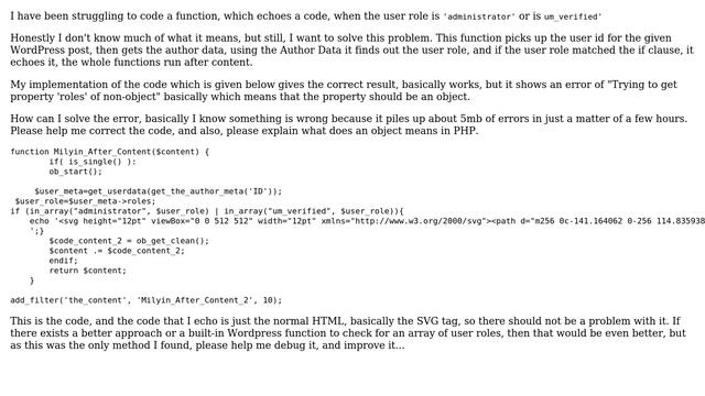 Error shown for Trying to get property 'roles' of non-object in Wordpress After Content for User... смотреть онлайн