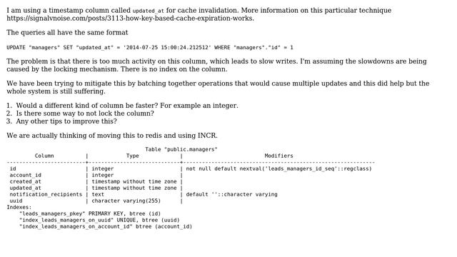 Databases: Improve performance on concurrent UPDATEs for a timestamp column in Postgres смотреть онлайн