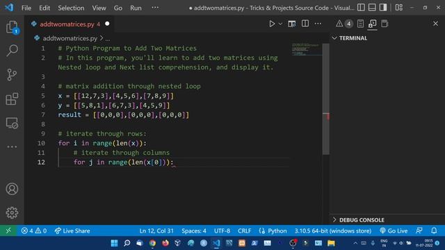Python Program to Add Two Matrices using Nested Loop & List Comprehension | Python Tutorial in Hind смотреть онлайн