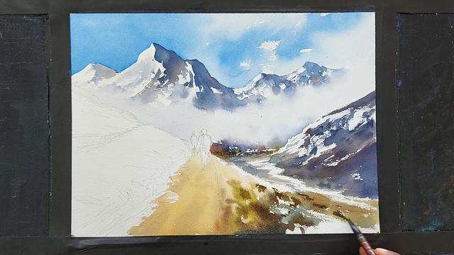 Simple water colour landscape painting - mountain - By artist Sunil Linus De смотреть онлайн