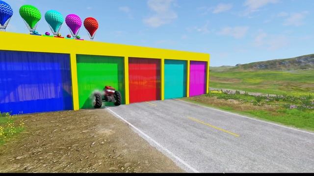 Cars vs Portal Trap With Slide Colors - Giant Cars Transportation with Flatbed Trailer - BeamNG смотреть онлайн