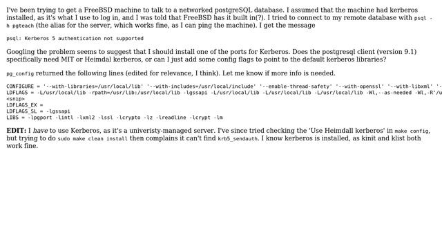 Unix & Linux: PostgreSQL on FreeBSD - 'Kerberos 5 authentication not supported' смотреть онлайн