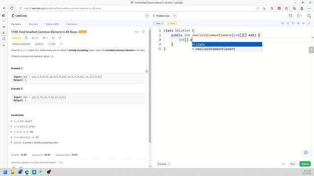 LeetCode 1198 | Find Smallest Common Element in All Rows | Counting Array | Java смотреть онлайн