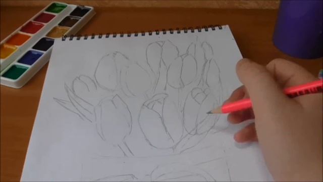 Рисуем тюльпаны. Рисунок в школу: тюльпаны в вазе. / Draw tulips in a vase. смотреть онлайн