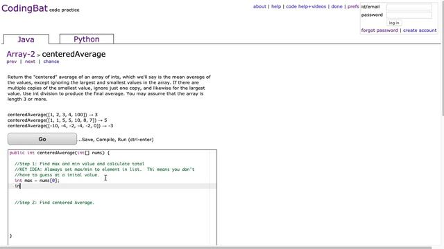 Codingbat - centeredAverage (Java) смотреть онлайн