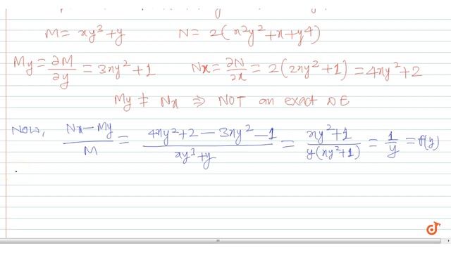 Solve: `(xy^3+y)dx+2(x^2y^2+x+y^4)dy=0` смотреть онлайн