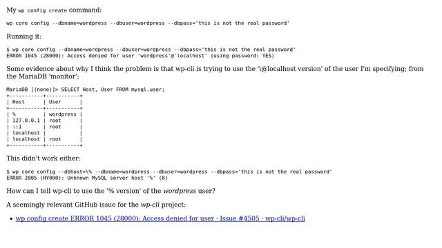 How to specify to wp-cli for the `wp config create` (`wp core config`) command that the DB user... смотреть онлайн