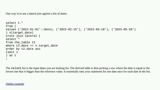 Select rows where date exist in list. If not found, get next closest date смотреть онлайн