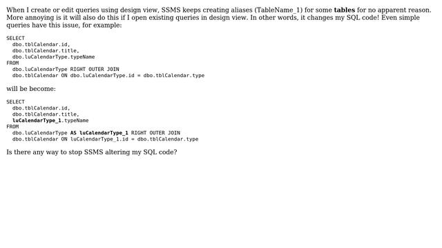 Databases: Why Does Microsoft SQL Server Management Studio Keep Creating Table Aliases? смотреть онлайн