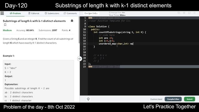 Substrings of length k with k-1 distinct elements | gfg POTD 8th October | Let's Practice Together смотреть онлайн