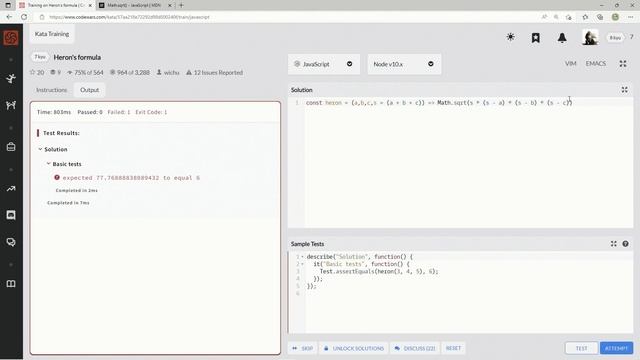 Codewars 7 kyu Heron's Formula JavaScript смотреть онлайн