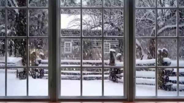 Cozy Winter Ambience | Winter Window Snow Scene Snow and Fireplace - ASMR