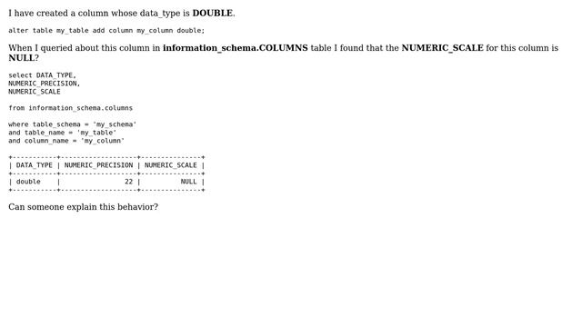 Why is the value of NUMERIC_SCALE column in INFORMATION_SCHEMA.COLUMNS table for... смотреть онлайн