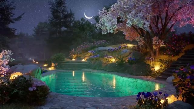 Enchanted pool in the spring forest at night - Crickets, Gentle Water, Light Wind Sounds for Relax смотреть онлайн