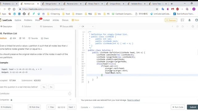 (C#)LeetCode 86 Partition List смотреть онлайн