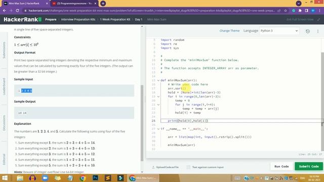 HackerRank Mini Max Sum problem solution in Python Programming with Explanation and Source code смотреть онлайн