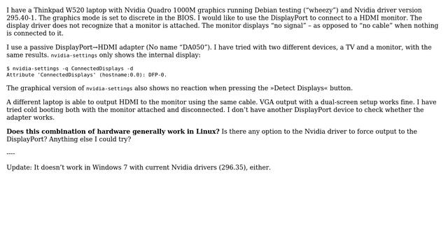 No DisplayPort output via DisplayPort HDMI adapter from Nvidia card using Linux on Thinkpad W520 смотреть онлайн
