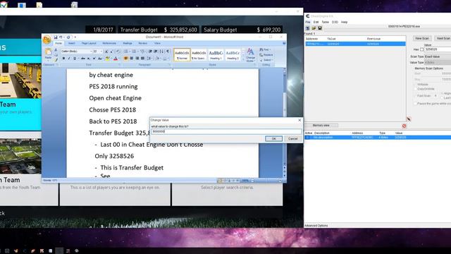 Hack Budget and Salary Money PES 2018 by Cheat Engine смотреть онлайн