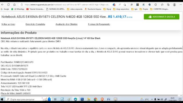 Notebook ASUS E410MA BV1871 CELERON N4020 4GB 128GB SSD KeepOs Linux 14 HD Star Black смотреть онлайн