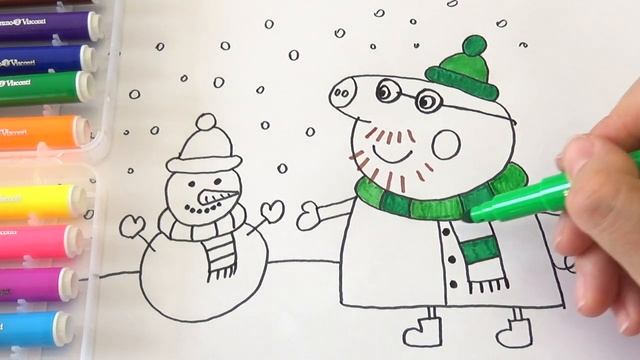 РАСКРАСКА для детей СВИНКА ПЕППА Как нарисовать ПАПУ СВИНА со снеговиком из мультика Peppa Pig