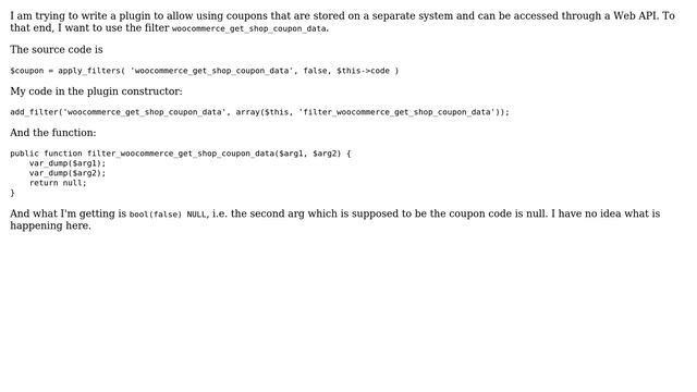 Wordpress: WooCommerce coupon hook argument NULL when using filter woocommerce_get_shop_coupon_data смотреть онлайн