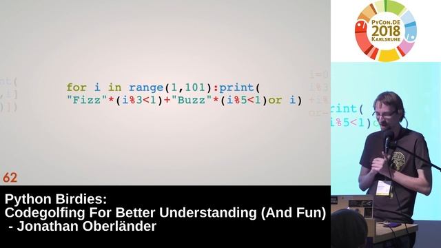 PyCon.DE 2018: Python Birdies: Codegolfing For Better Understanding (And Fun) - Jonathan Oberländer смотреть онлайн