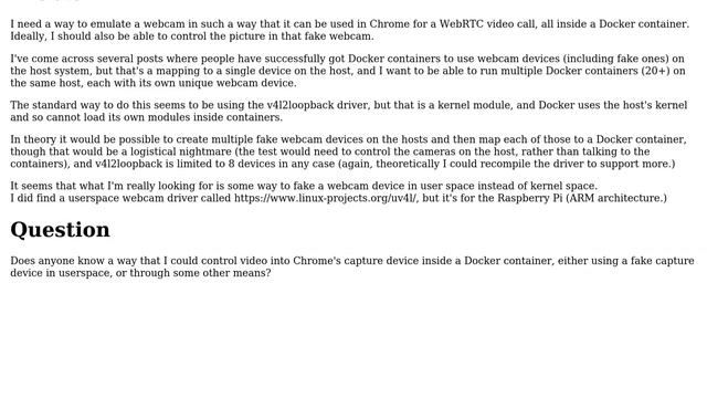 Unix & Linux: Fake/controllable webcam for Chrome inside Docker container смотреть онлайн