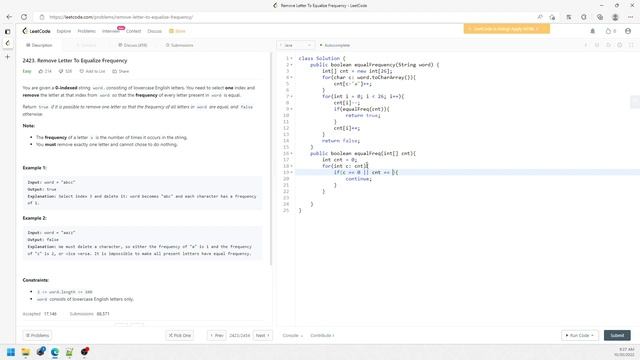 LeetCode 2423 | Remove Letter To Equalize Frequency | Counting Array | Java смотреть онлайн