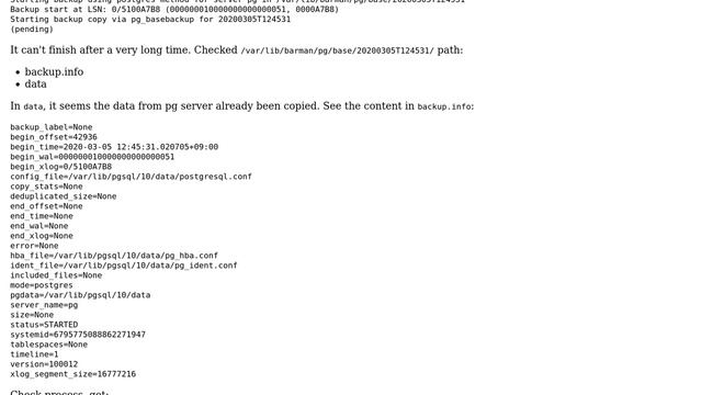 Databases: Why Backup Database By Barman Can't Reach End(pending)?