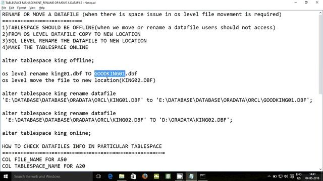 TABLESPACE MANAGEMENT RENAME OR MOVE A DATAFILE смотреть онлайн