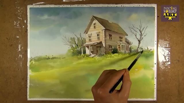 Watercolor Landscape Painting : Old little house in the Meadow смотреть онлайн