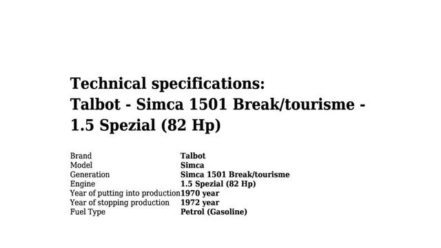Talbot - Simca 1501 Break/tourisme - 1.5 Spezial (82 Hp) - Technical specifications смотреть онлайн