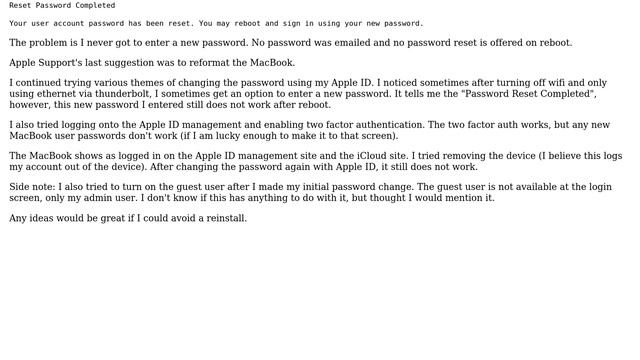Apple: MacBook Admin Account Password Reset Using Apple ID Does Not Work