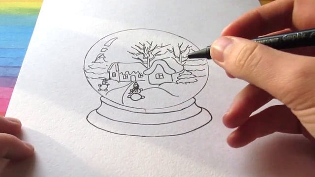 Снежный шар! Как нарисовать Дом, Ёлку и Снеговика в стеклянном шаре на Новый год/ для срисовки смотреть онлайн