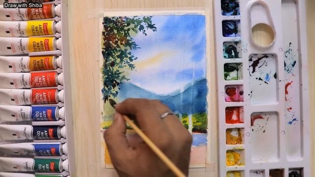 Watercolor painting of beautiful landscape scenery with pond easy смотреть онлайн