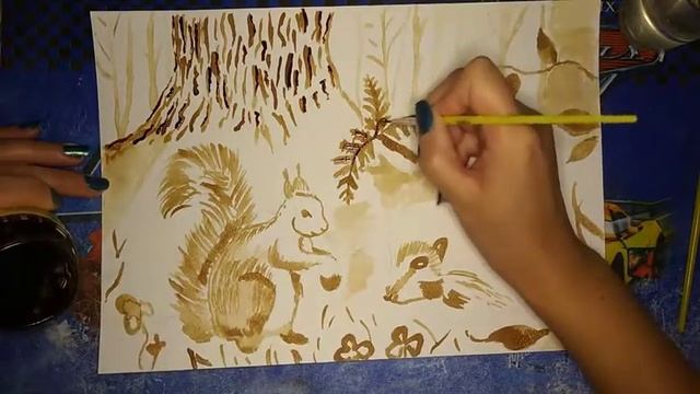 Лес. Рисунок кофе на бумаге смотреть онлайн