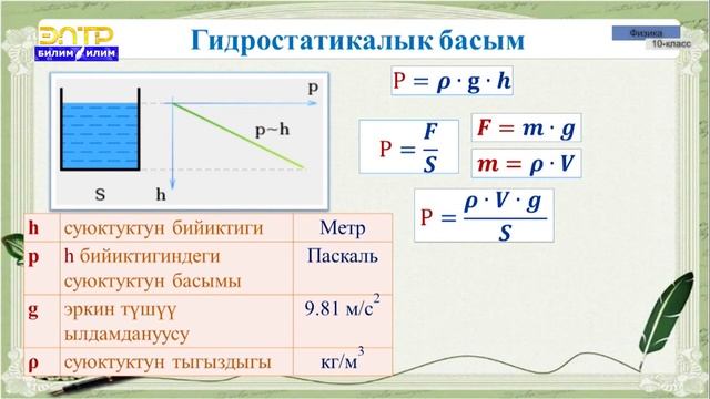 10-класс | Физика | Суюуктуктардын касиети. Басым. Паскаль жана Архимед закондору смотреть онлайн