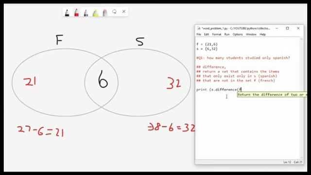 Venn Diagram. Python. Learn how to solve a word problem. Sets. смотреть онлайн