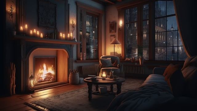 Cozy Living Room Ambience with Smooth Piano Music, Rain and Fireplace Sounds | Music to study to смотреть онлайн