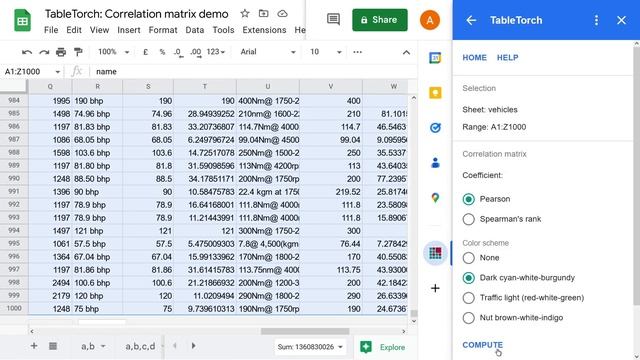 1 minute demo: correlation matrix in Google Sheets with TableTorch смотреть онлайн