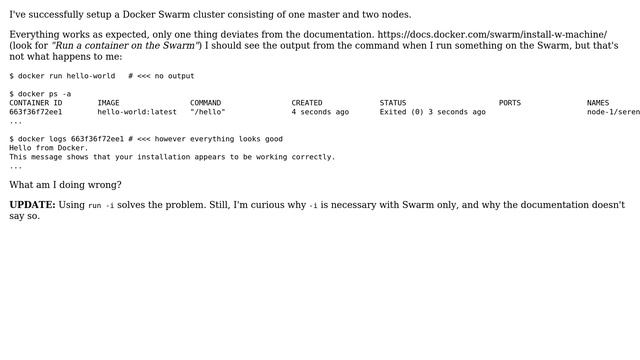 DevOps & SysAdmins: Why won't 'docker run' on a swarm show output from a command? смотреть онлайн