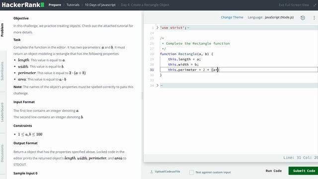 Hackerrank 10 Days of Javascript - Day 4: Create a Rectangle Object смотреть онлайн