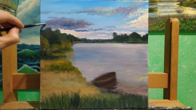 Картина маслом "На рыбалке"как рисовать речку и берег|как написать летний пейзаж смотреть онлайн