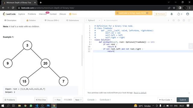 111. Minimum Depth of Binary Tree | Leetcode | Python смотреть онлайн