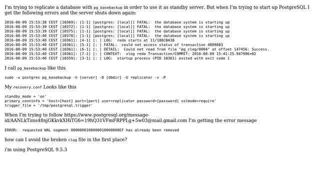 Databases: commitlog broken after standby setup with pg_basebackup смотреть онлайн