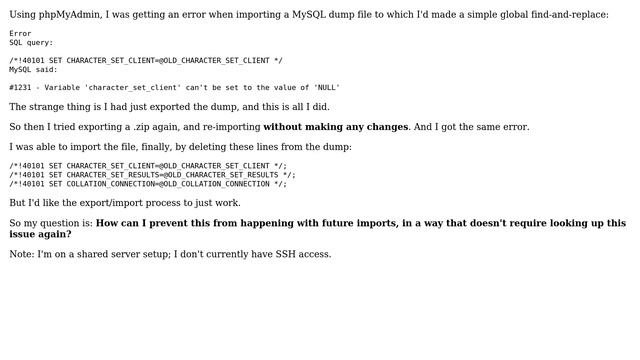 Error on re-import: #1231 - Variable 'character_set_client' can't be set to the value of 'NULL' смотреть онлайн