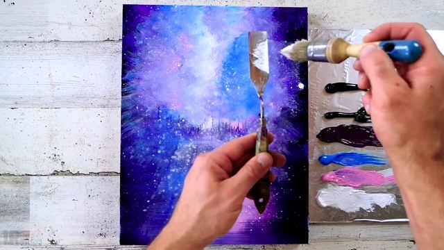 How to paint magical purple landscape / Oval Brush Art / Acrylics смотреть онлайн