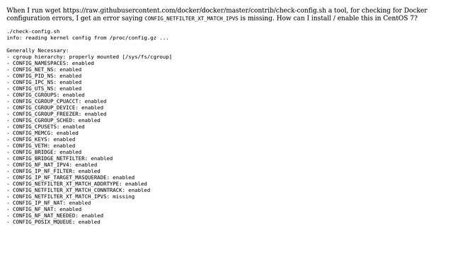 How to enable CONFIG_NETFILTER_XT_MATCH_IPVS for Docker in CentOS 7? смотреть онлайн
