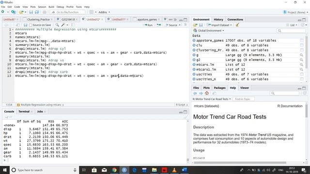 Multiple Regression using dataset mtcars in R /R studio Tutorials. смотреть онлайн